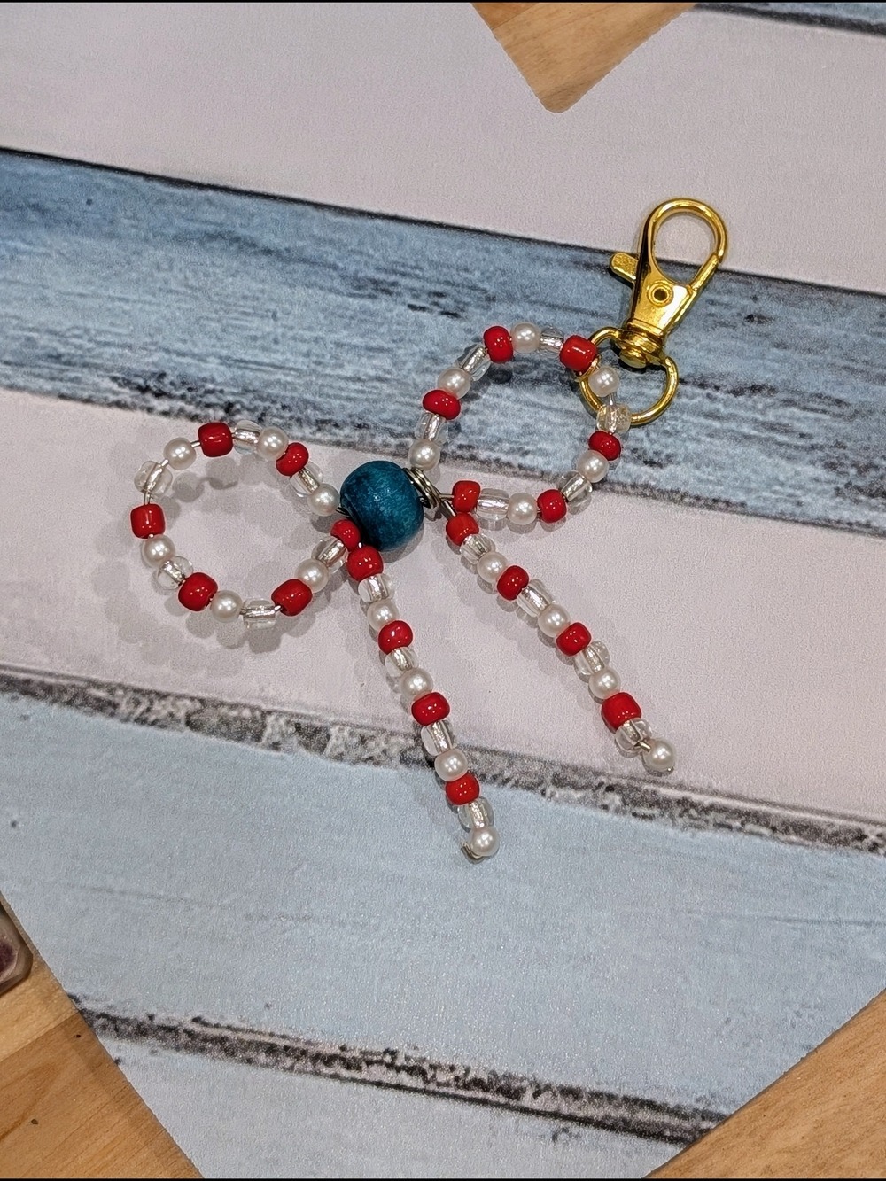 Red White Blue Bow Keychain Beaded